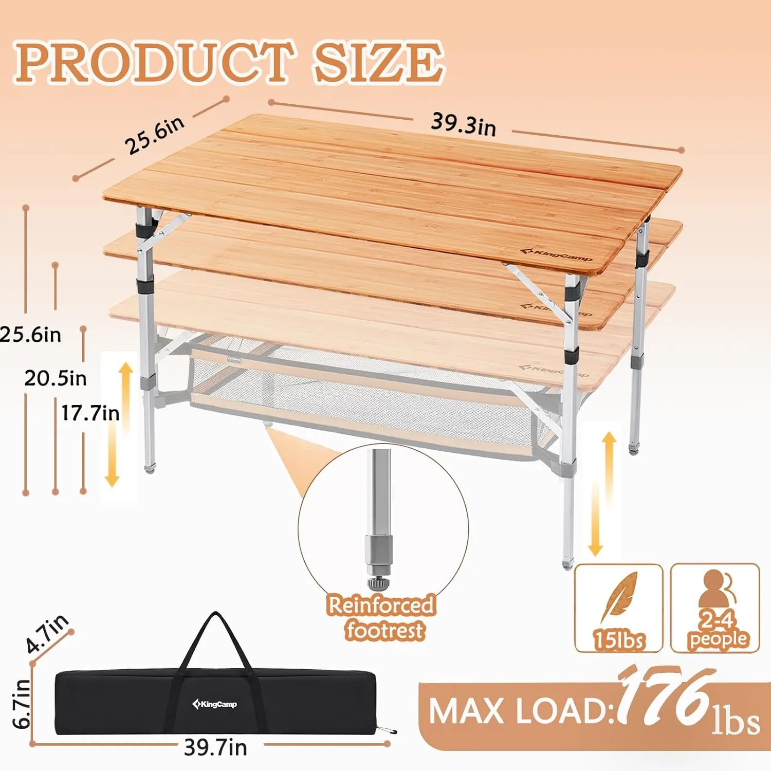 KingCamp Bamboo Folding Table Camping Table with Large Storage Bag Adjustable Height Aluminum Legs Heavy Duty 176 lbs 4-Fold Portable Camp Tables for Travel, Picnic, RV, 4-5 People