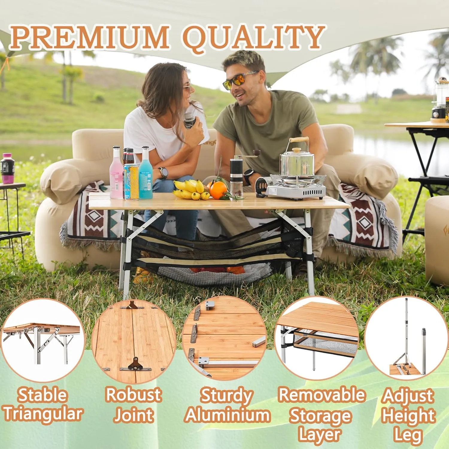 KingCamp Bamboo Folding Table Camping Table with Large Storage Bag Adjustable Height Aluminum Legs Heavy Duty 176 lbs 4-Fold Portable Camp Tables for Travel, Picnic, RV, 4-5 People