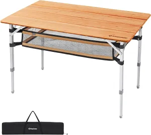 KingCamp Bamboo Folding Table Camping Table with Large Storage Bag Adjustable Height Aluminum Legs Heavy Duty 176 lbs 4-Fold Portable Camp Tables for Travel, Picnic, RV, 4-5 People