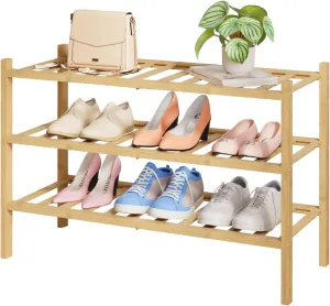Kitsure Bamboo Wooden Shoe Rack for Closet - Stackable Shoe Organizer with Modular Structure, Space-Saving Shoe Shelf for Entryway, Living Room, Bedroom, 26.6" x 11" x 18.9", Natural