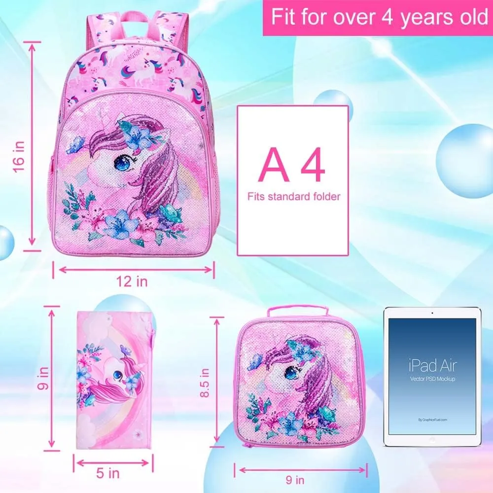 KLFVB 3PCS Unicorn Mermaid Backpack for Girls, 16" Sequin Kids Bookbag and Lunch Box, Preschool Backpacks for Elementary