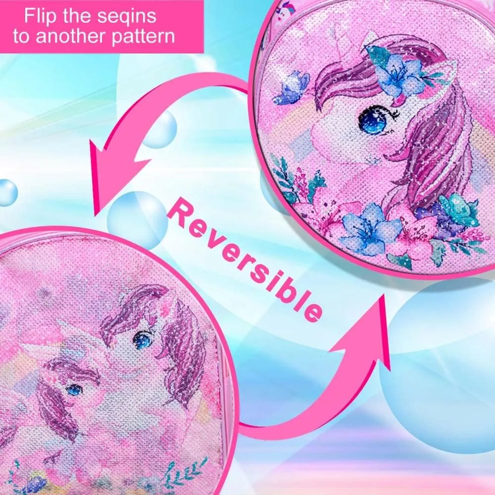 KLFVB 3PCS Unicorn Mermaid Backpack for Girls, 16" Sequin Kids Bookbag and Lunch Box, Preschool Backpacks for Elementary