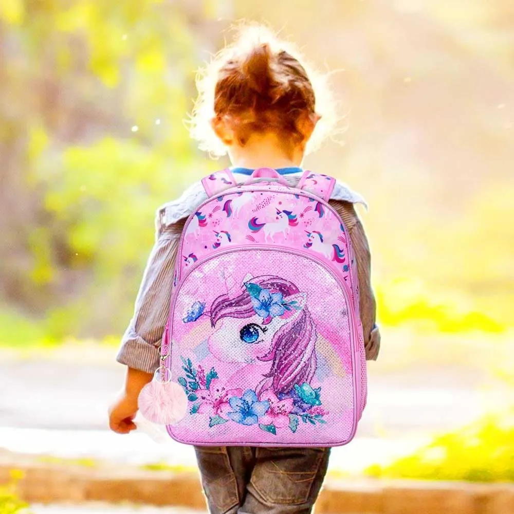 KLFVB 3PCS Unicorn Mermaid Backpack for Girls, 16" Sequin Kids Bookbag and Lunch Box, Preschool Backpacks for Elementary