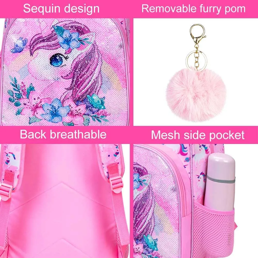 KLFVB 3PCS Unicorn Mermaid Backpack for Girls, 16" Sequin Kids Bookbag and Lunch Box, Preschool Backpacks for Elementary