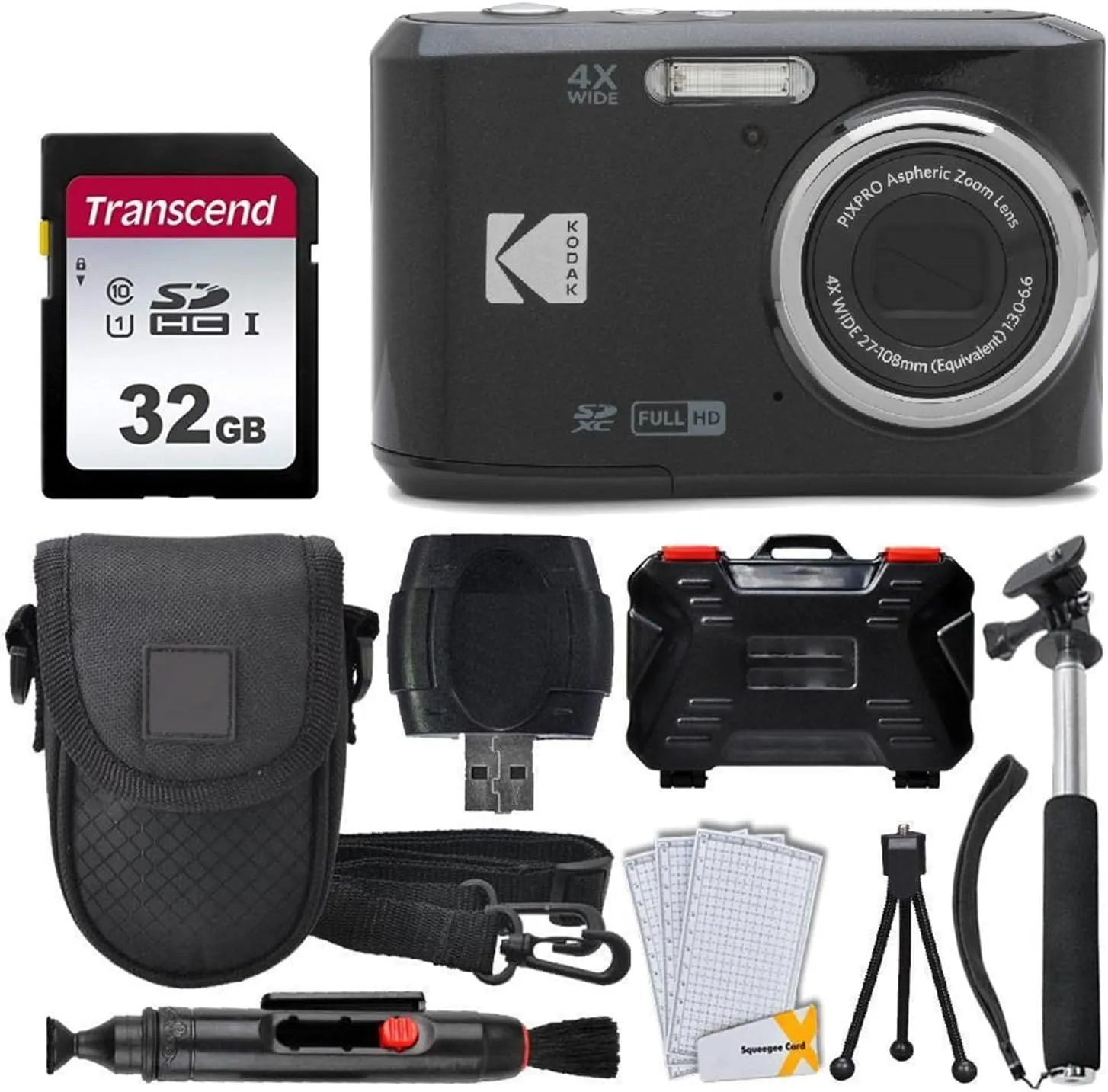 Kodak PIXPRO FZ45 Digital Camera, 32GB Memory Card, Point and Shoot Camera Case, Extendable Monopod, Lens Cleaning Pen, LCD Screen Protectors, Table Top Tripod â€“ Ultimate Bundle (Black)