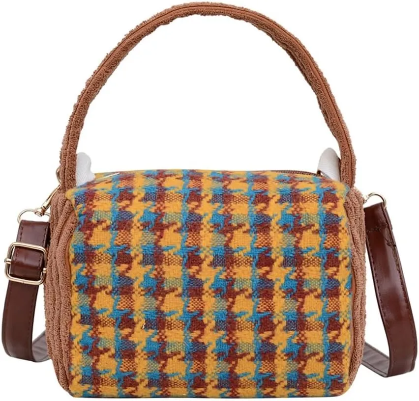 Korean Woolen Shoulder Crossbody Bag Vintage Houndstooth Pattern Small Handbag Purse with Top Handle and Strap
