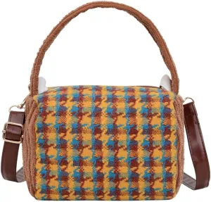 Korean Woolen Shoulder Crossbody Bag Vintage Houndstooth Pattern Small Handbag Purse with Top Handle and Strap