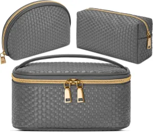 KTMOUW Makeup Bag 3 Pcs Waterproof Cosmetic Bag Set Portable Travel Cosmetic Bag Multifunction Organizer Storage Bag Weave Toiletry Bag for Women, Grey