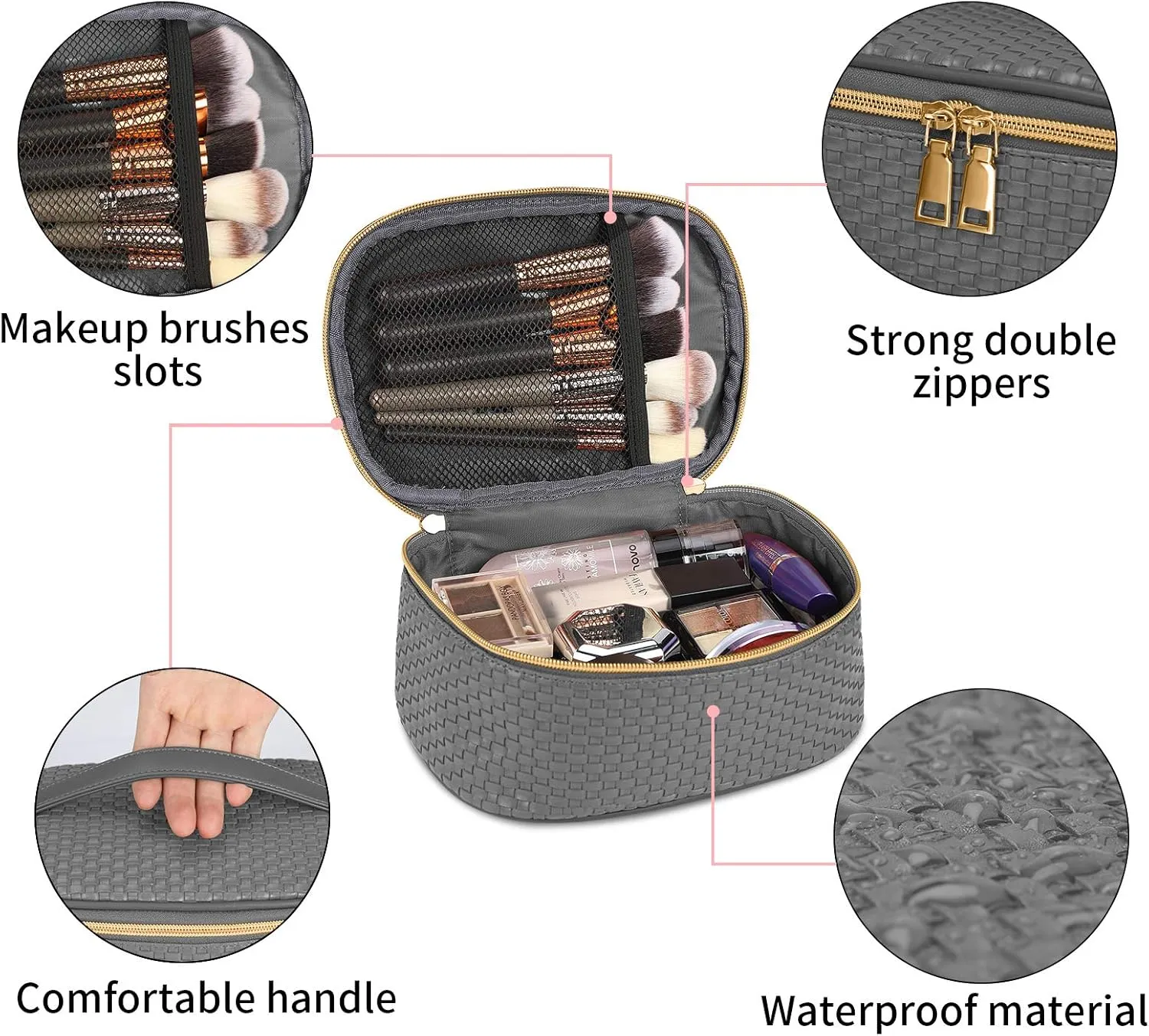 KTMOUW Makeup Bag 3 Pcs Waterproof Cosmetic Bag Set Portable Travel Cosmetic Bag Multifunction Organizer Storage Bag Weave Toiletry Bag for Women, Grey
