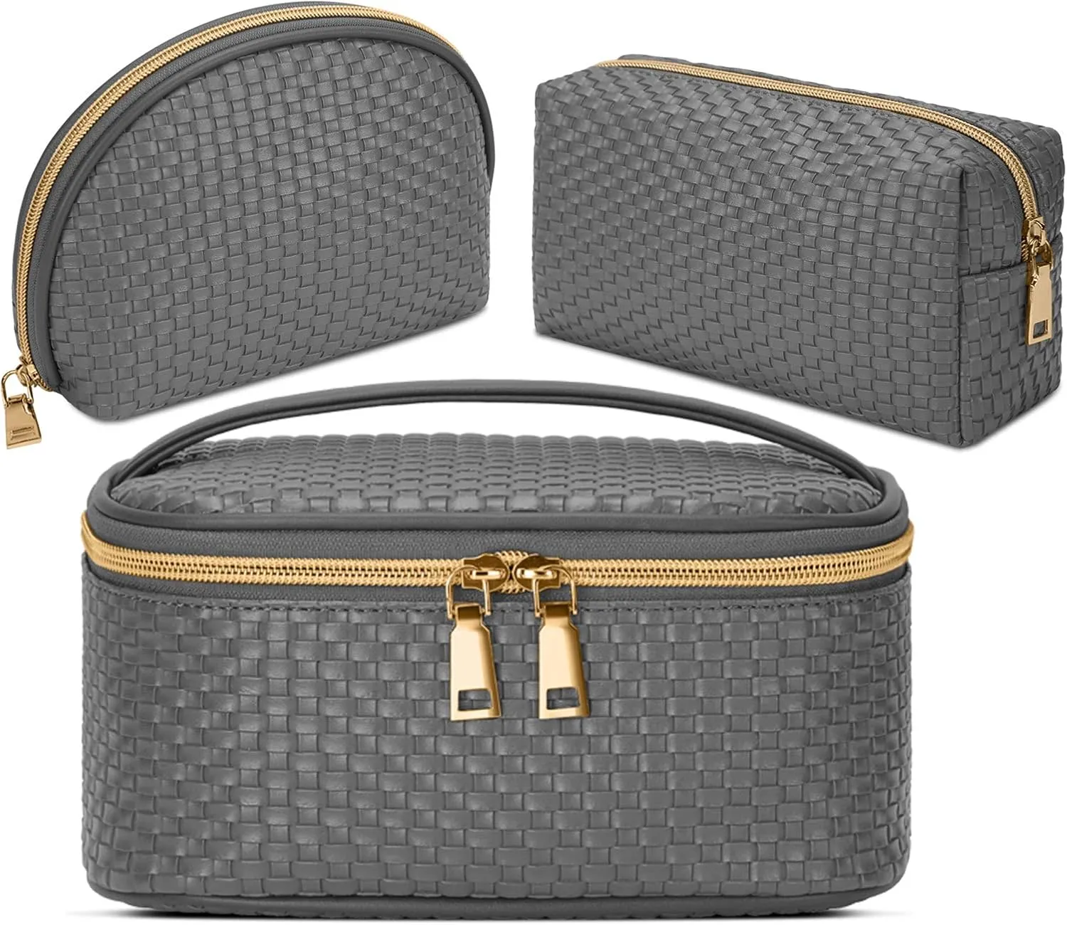 KTMOUW Makeup Bag 3 Pcs Waterproof Cosmetic Bag Set Portable Travel Cosmetic Bag Multifunction Organizer Storage Bag Weave Toiletry Bag for Women, Grey