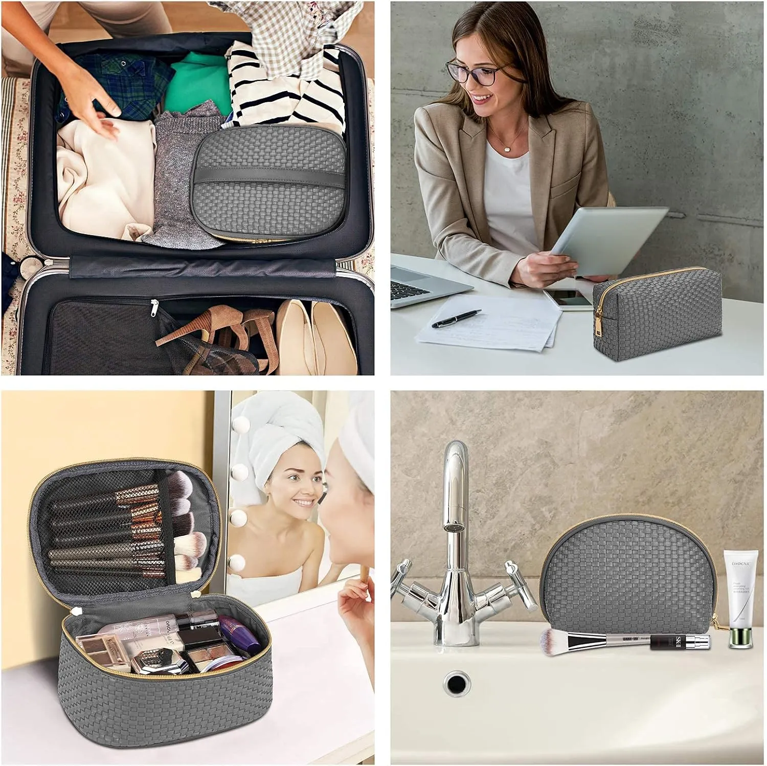 KTMOUW Makeup Bag 3 Pcs Waterproof Cosmetic Bag Set Portable Travel Cosmetic Bag Multifunction Organizer Storage Bag Weave Toiletry Bag for Women, Grey