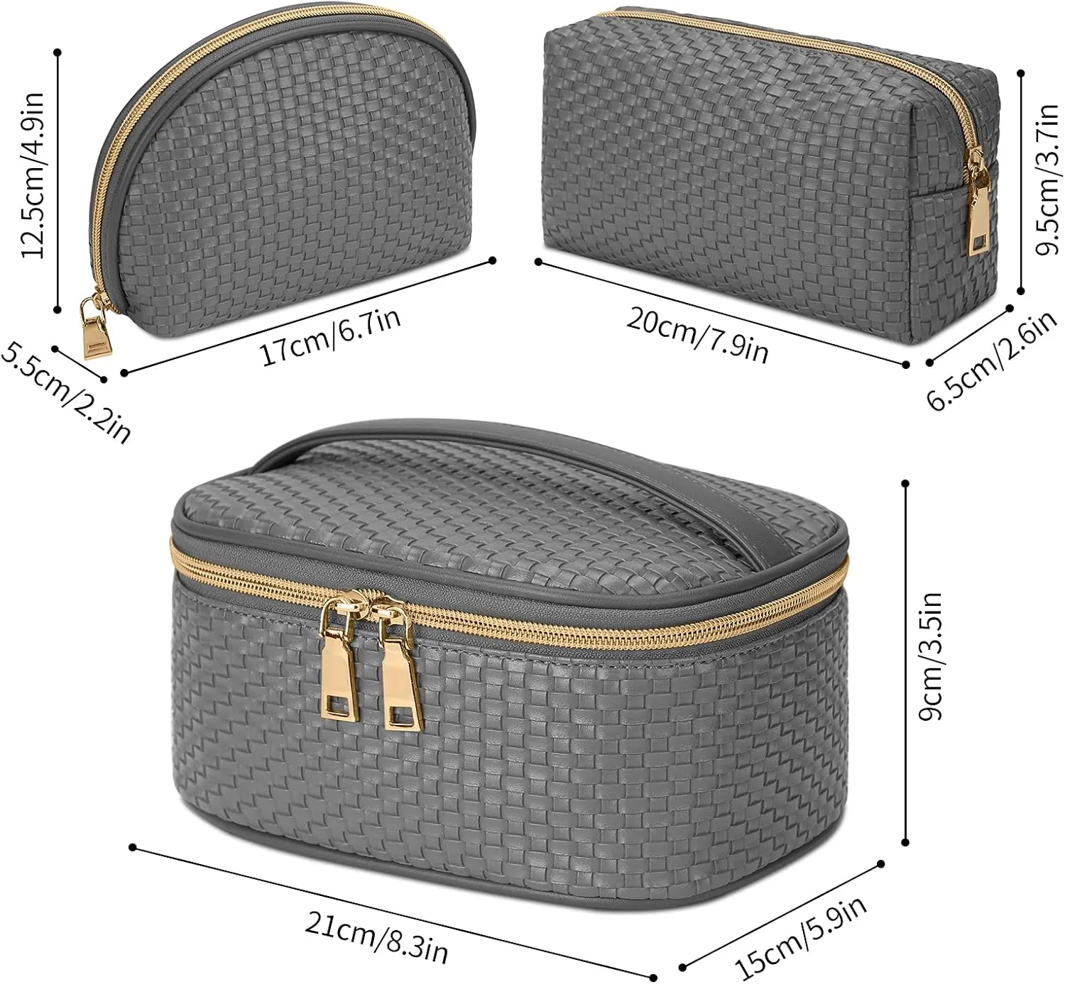 KTMOUW Makeup Bag 3 Pcs Waterproof Cosmetic Bag Set Portable Travel Cosmetic Bag Multifunction Organizer Storage Bag Weave Toiletry Bag for Women, Grey
