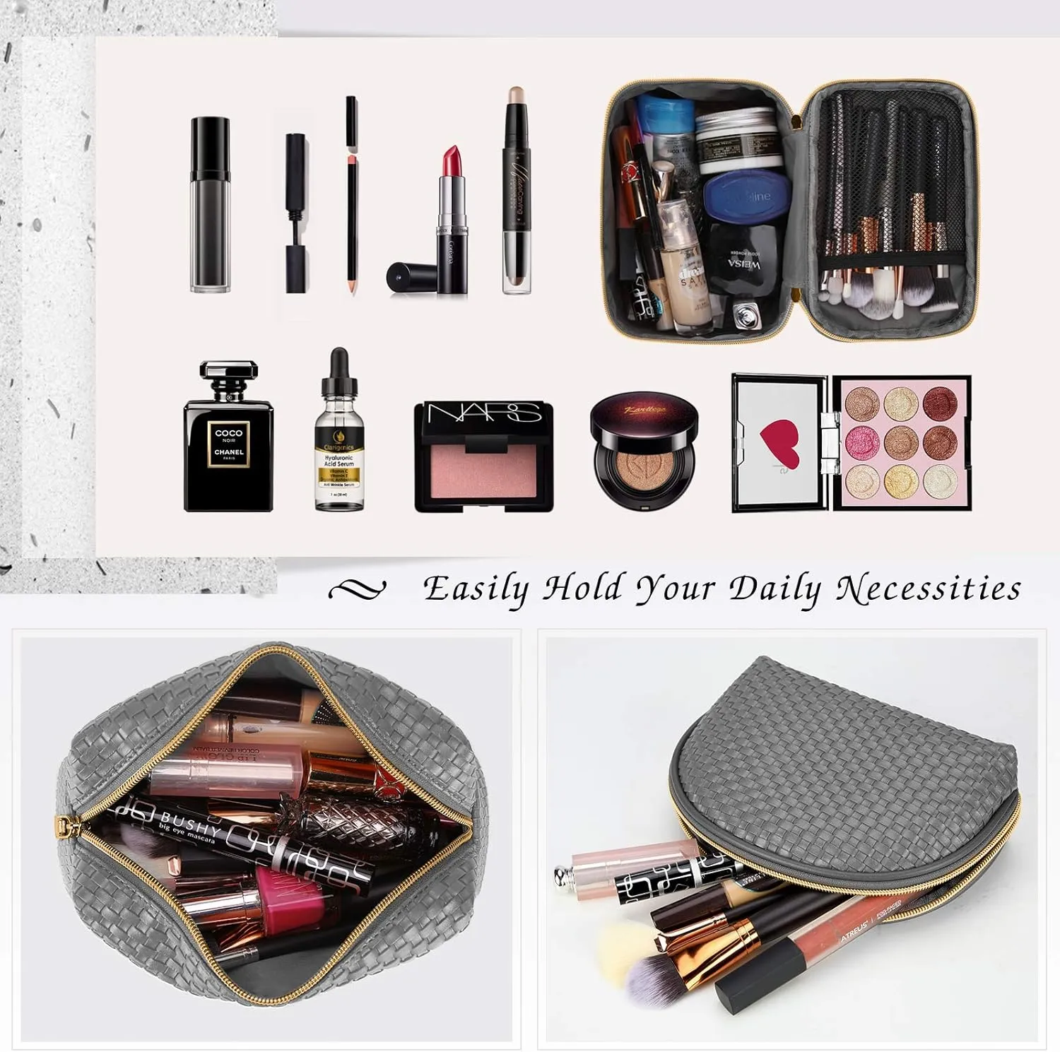 KTMOUW Makeup Bag 3 Pcs Waterproof Cosmetic Bag Set Portable Travel Cosmetic Bag Multifunction Organizer Storage Bag Weave Toiletry Bag for Women, Grey