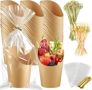 Kucoele 50 Charcuterie Cups   200 Cocktail Picks   50 Bags, 14oz Disposable Charcuterie Cups with Sticks and Bags Paper Appetizer Cups for Party (Brown)
