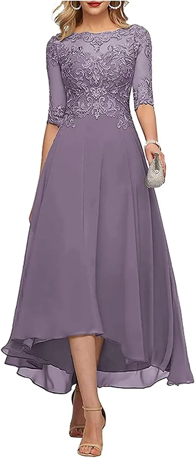 Lace Appliques Mother of The Bride Dress 3/4 Sleeves A line Tea Length Chiffon Formal Wedding Party Prom Gowns for Women