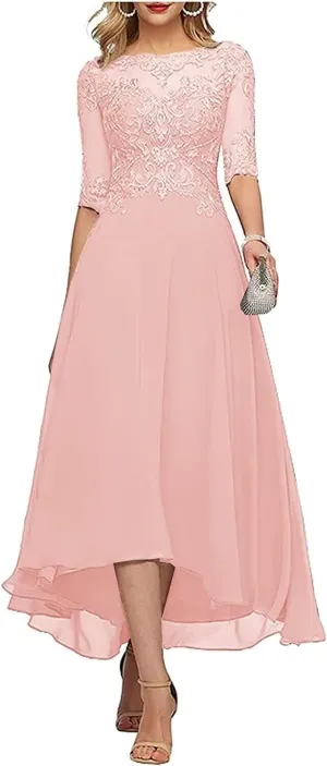 Lace Appliques Mother of The Bride Dress 3/4 Sleeves A line Tea Length Chiffon Formal Wedding Party Prom Gowns for Women