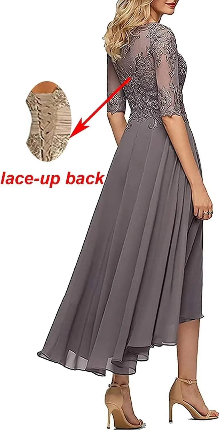 Lace Appliques Mother of The Bride Dress 3/4 Sleeves A line Tea Length Chiffon Formal Wedding Party Prom Gowns for Women