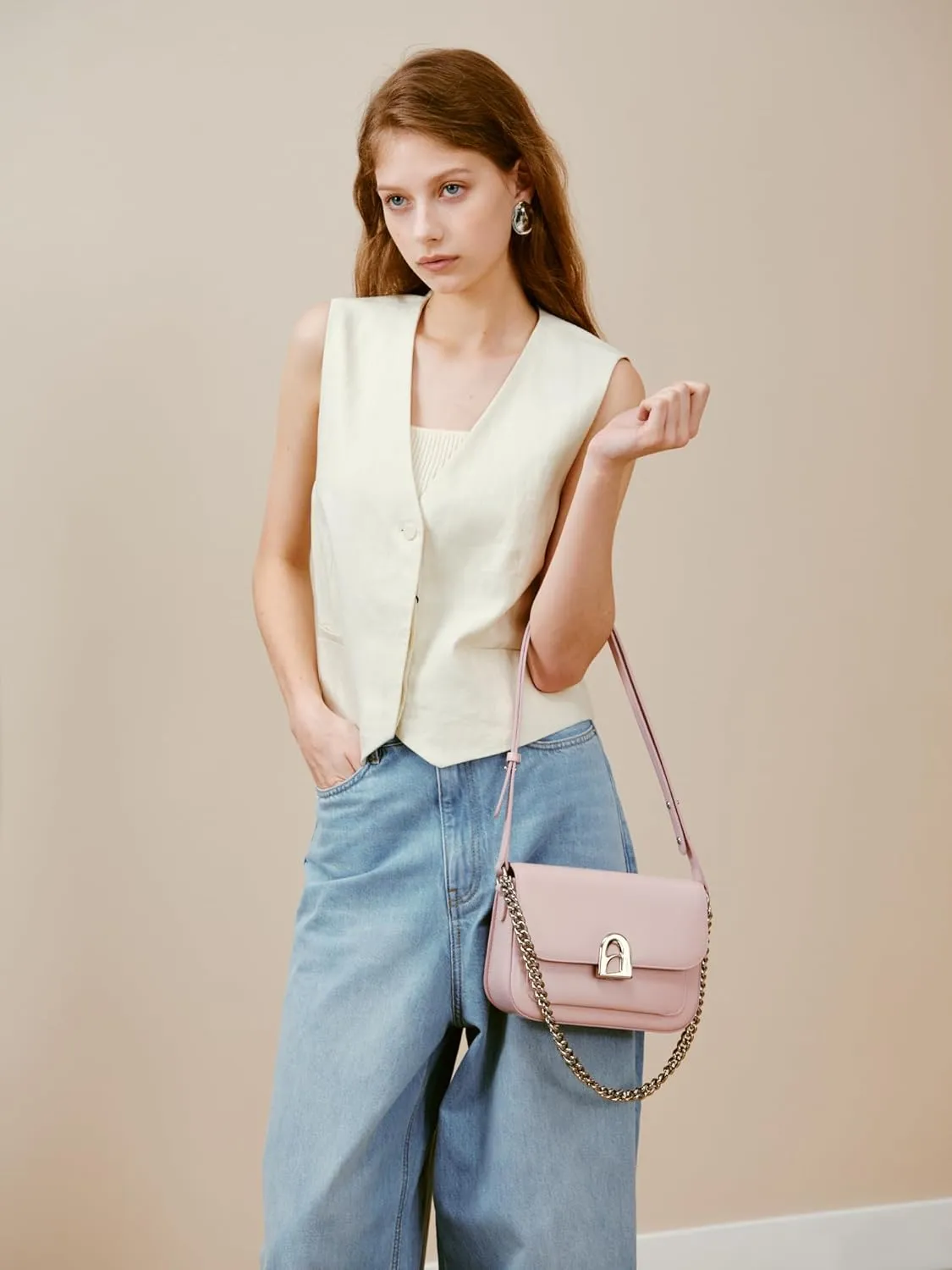 LAFESTIN Split Leather Shoulder Bag for Women - Elegant Crossbody Purse with Adjustable Leather Strap and Chain Strap