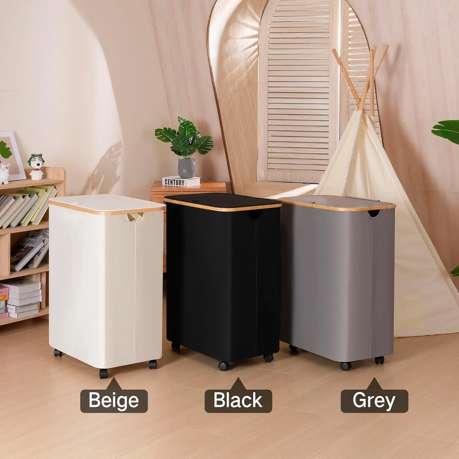 Lagre Laundry Hamper with Wheels, Laundry Basket with Lid, 160L Clothes Hamper for Laundry with 3 Liner Bags, for Laundry Room, Bedroom, Dormitory Organization,Beige