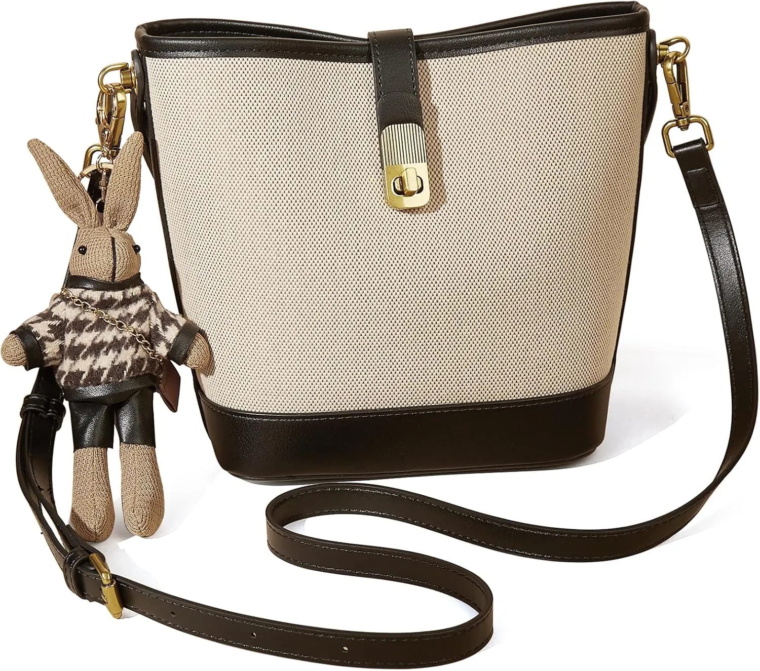 LAORENTOU Canvas Bucket Designer Handbags for Women, Medium Satchel Purses for Ladies, Top Handle Bag with Cute Pendant