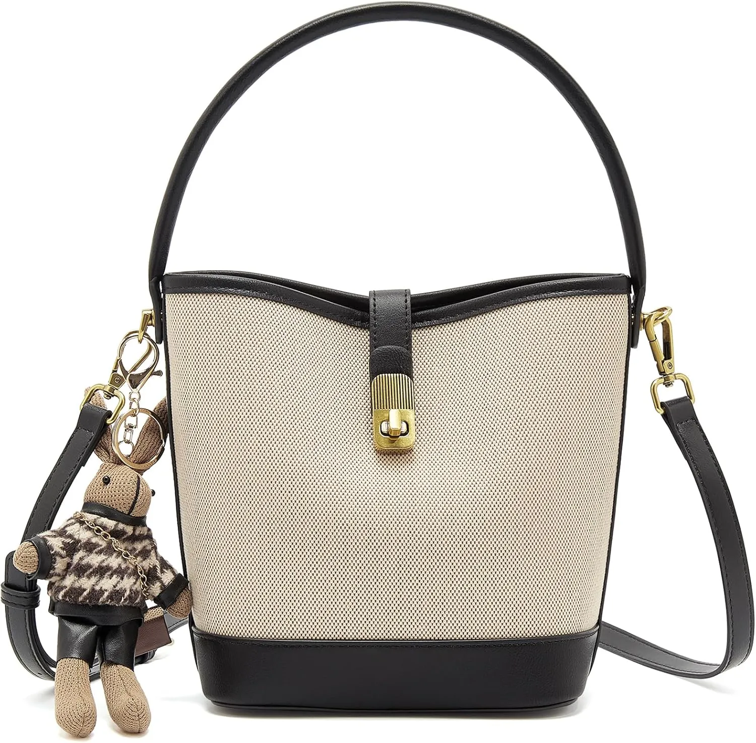 LAORENTOU Canvas Bucket Designer Handbags for Women, Medium Satchel Purses for Ladies, Top Handle Bag with Cute Pendant