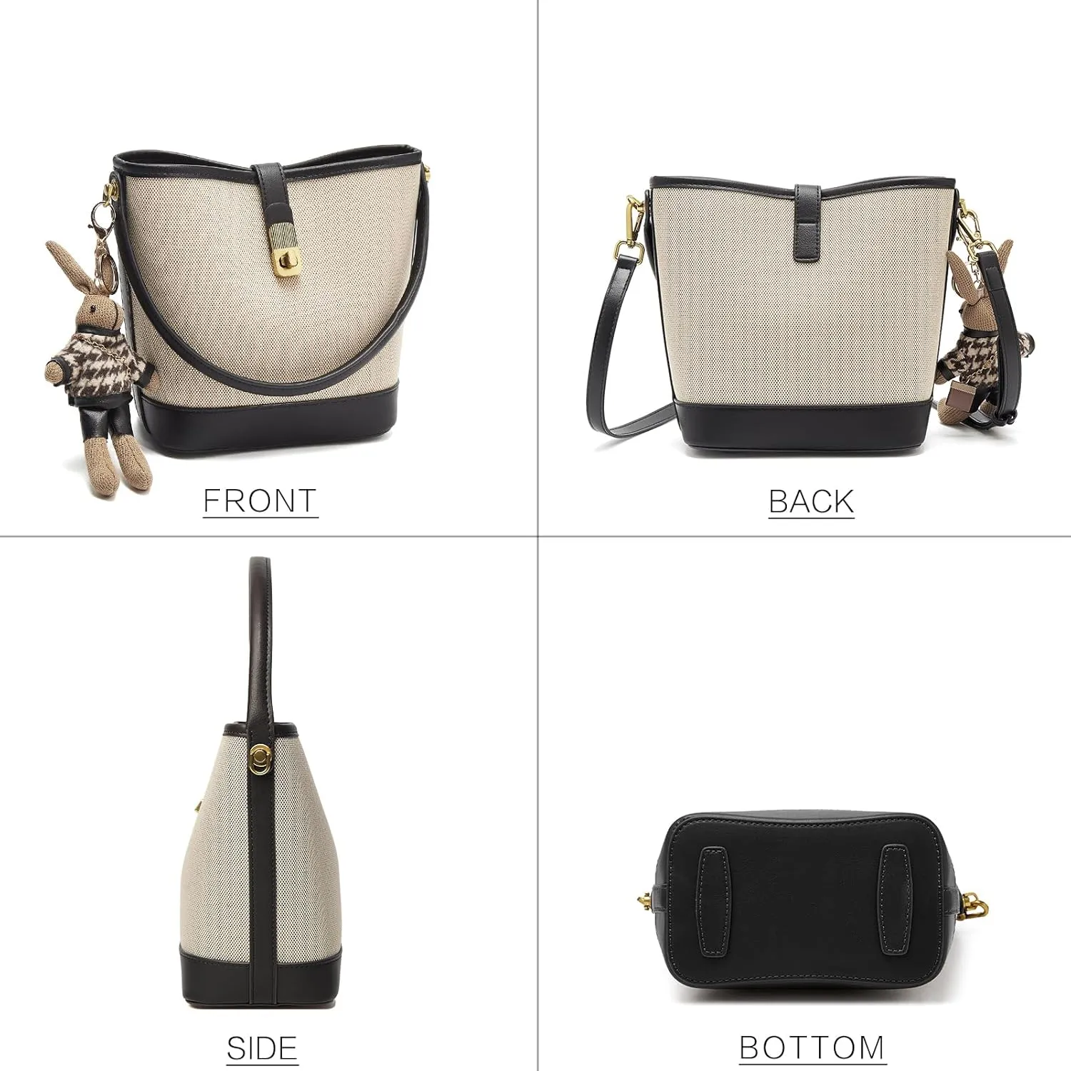 LAORENTOU Canvas Bucket Designer Handbags for Women, Medium Satchel Purses for Ladies, Top Handle Bag with Cute Pendant