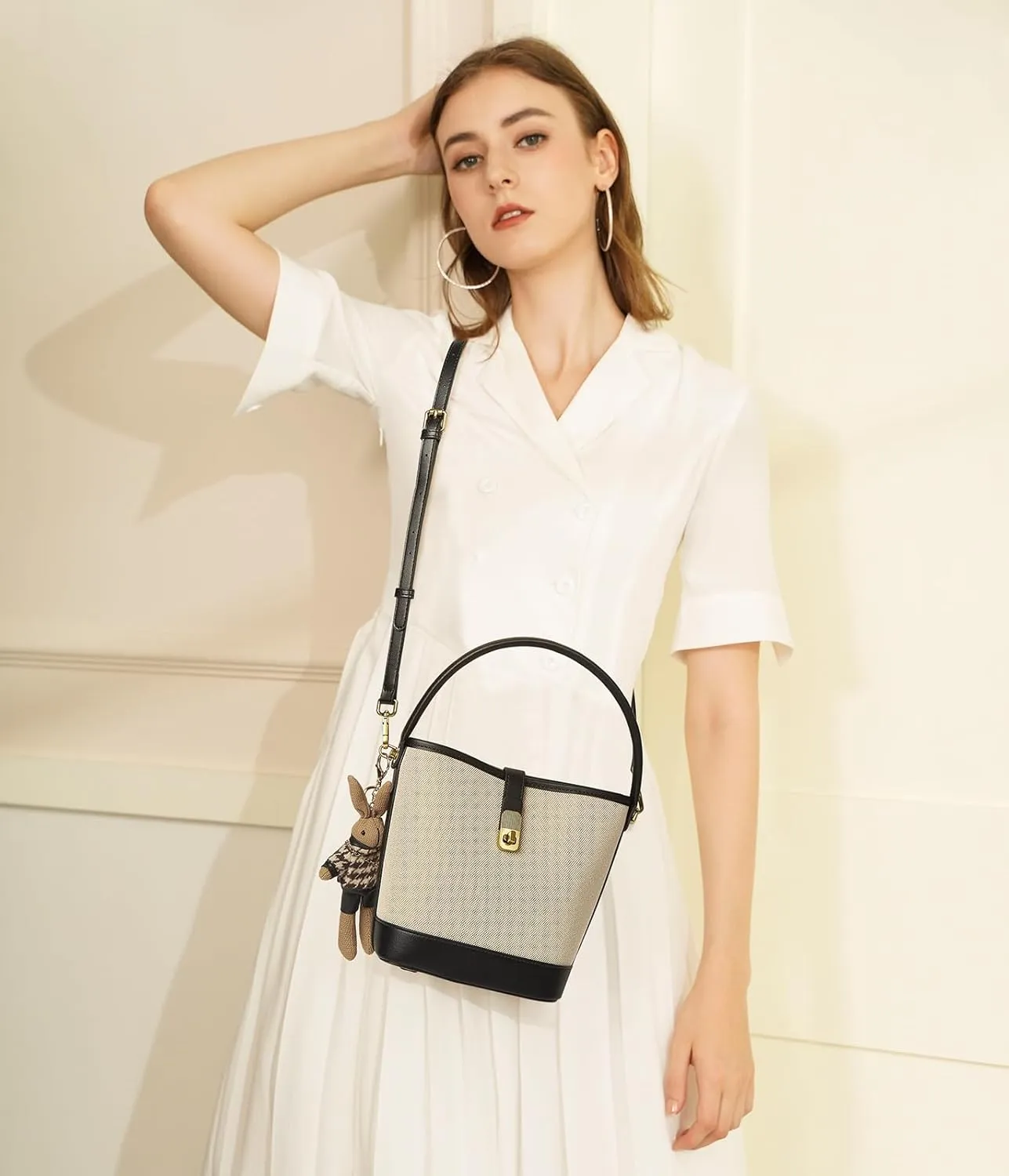 LAORENTOU Canvas Bucket Designer Handbags for Women, Medium Satchel Purses for Ladies, Top Handle Bag with Cute Pendant