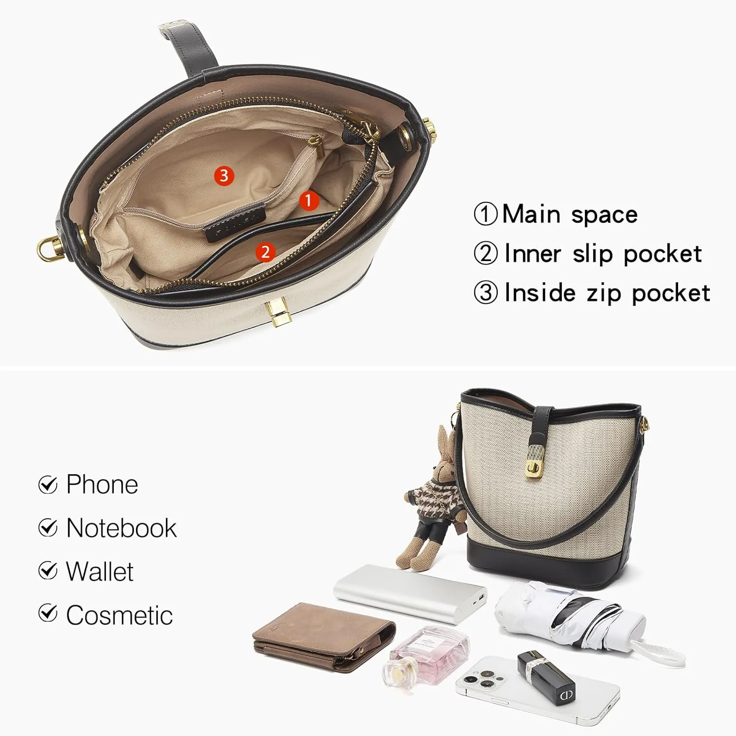 LAORENTOU Canvas Bucket Designer Handbags for Women, Medium Satchel Purses for Ladies, Top Handle Bag with Cute Pendant