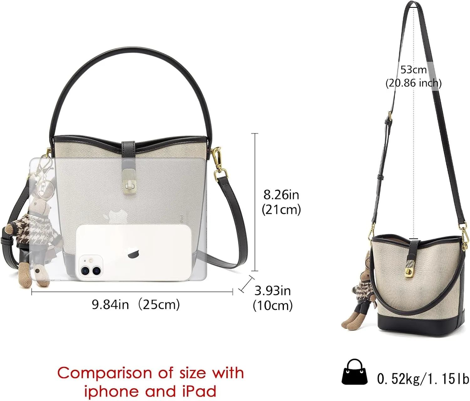 LAORENTOU Canvas Bucket Designer Handbags for Women, Medium Satchel Purses for Ladies, Top Handle Bag with Cute Pendant