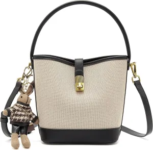 LAORENTOU Canvas Bucket Designer Handbags for Women, Medium Satchel Purses for Ladies, Top Handle Bag with Cute Pendant