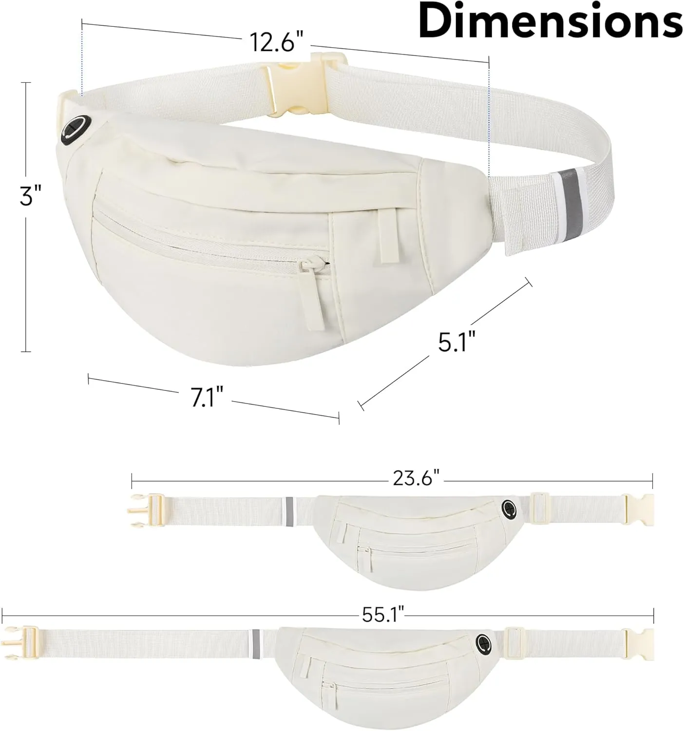 Large 4-Zipper Waist Pack Crossbody Belt Bag for Running Fanny Pack for Women and Men Crossbody Belt Bag Bum Bag with Adjustable Strap for Sports Creamy White