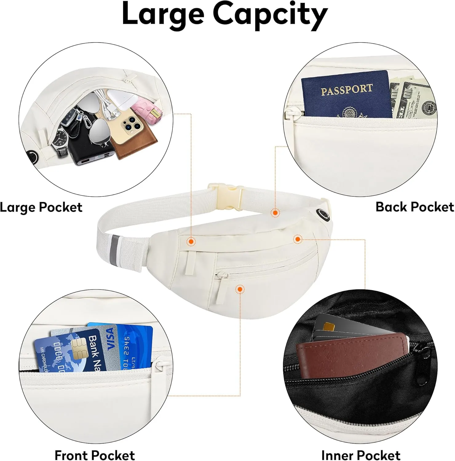 Large 4-Zipper Waist Pack Crossbody Belt Bag for Running Fanny Pack for Women and Men Crossbody Belt Bag Bum Bag with Adjustable Strap for Sports Creamy White