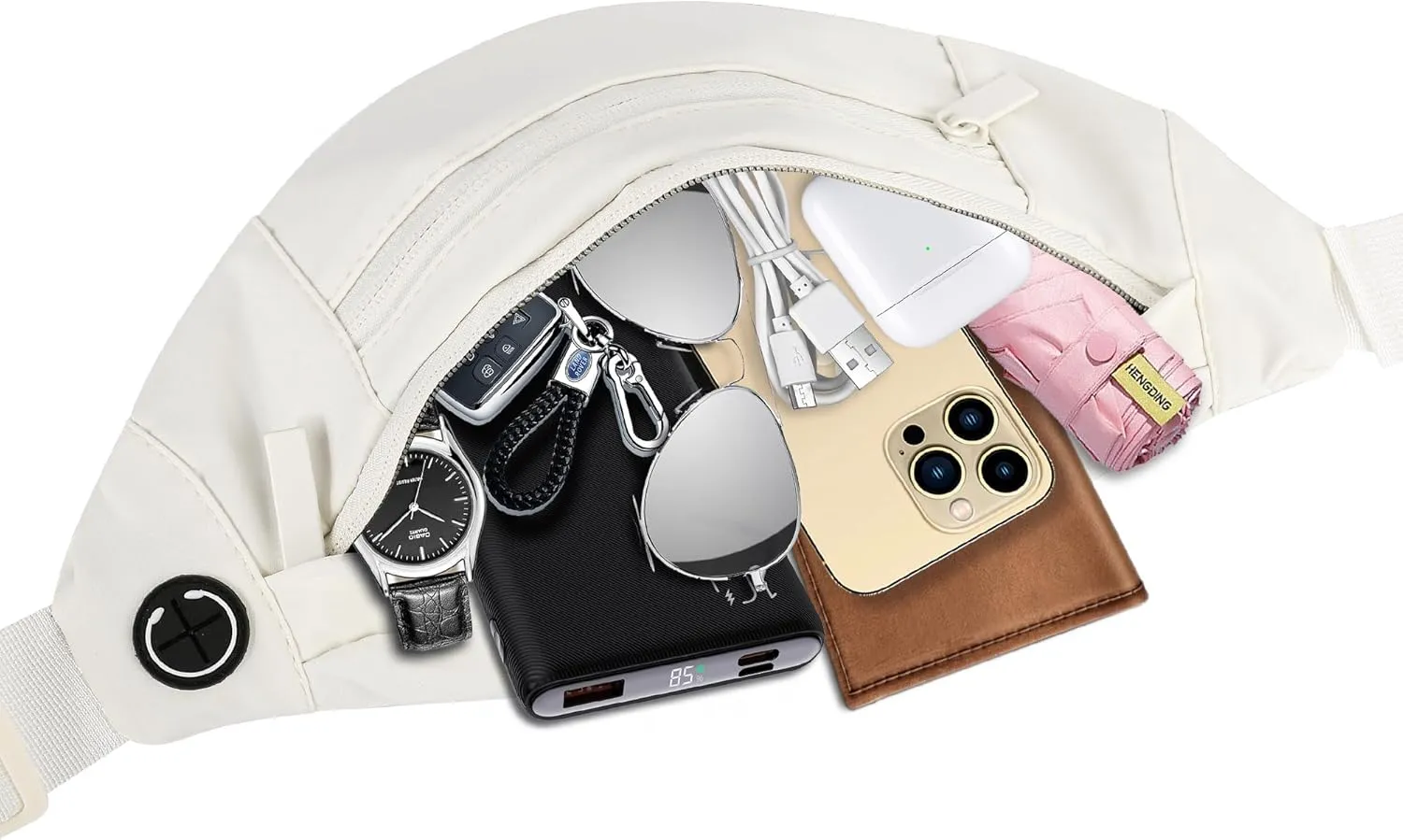 Large 4-Zipper Waist Pack Crossbody Belt Bag for Running Fanny Pack for Women and Men Crossbody Belt Bag Bum Bag with Adjustable Strap for Sports Creamy White