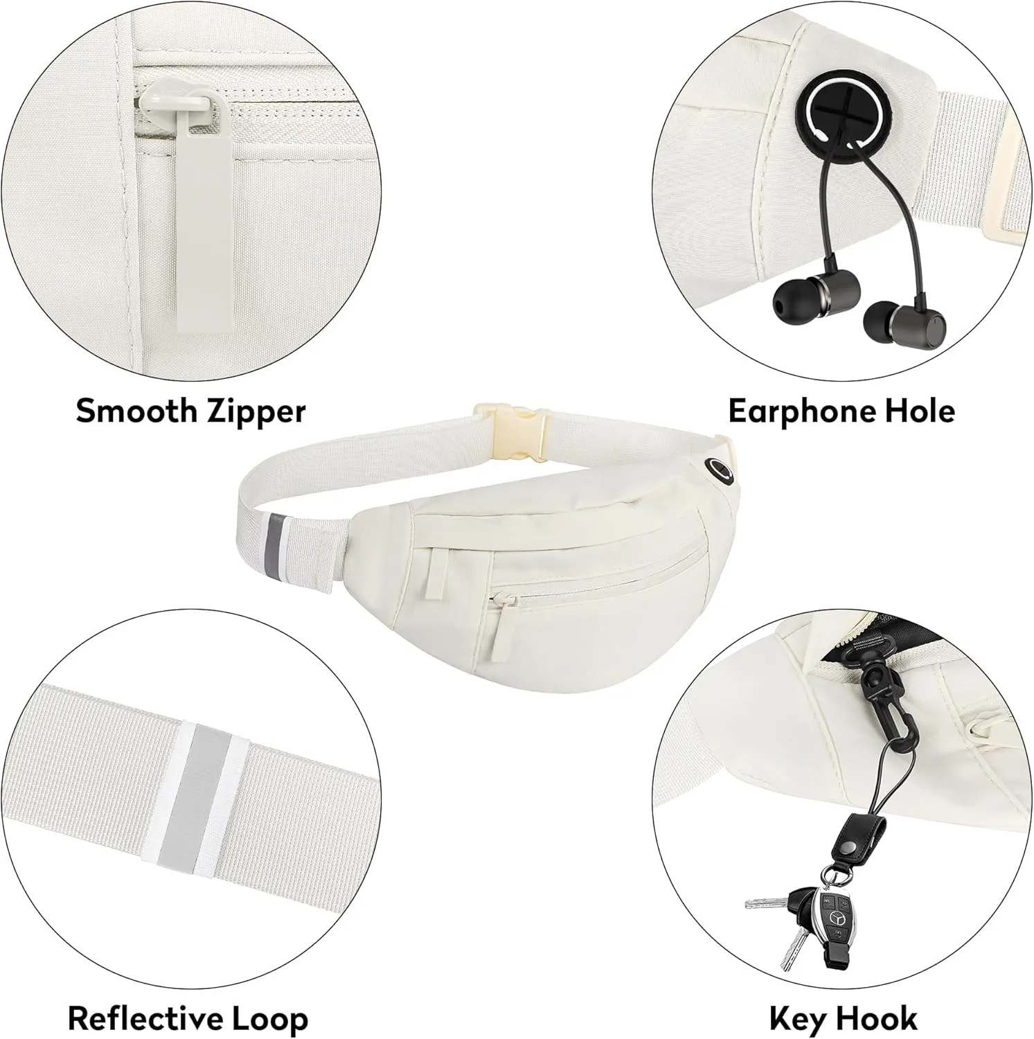 Large 4-Zipper Waist Pack Crossbody Belt Bag for Running Fanny Pack for Women and Men Crossbody Belt Bag Bum Bag with Adjustable Strap for Sports Creamy White