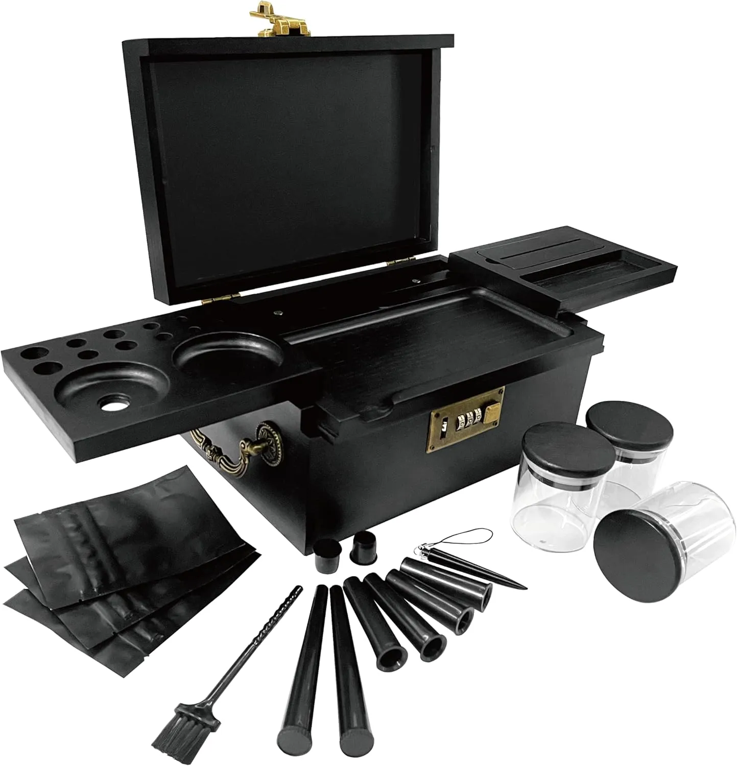 Large Bamboo Box with Combination Lock & Rotatable Rolling Tray with Cone Loader, Home Decorative Storage Box with Handle, Smell Proof Jars, Bags, Tubes, Brush, Pre Rolled Cone Accessories (Black)