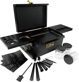 Large Bamboo Box with Combination Lock & Rotatable Rolling Tray with Cone Loader, Home Decorative Storage Box with Handle, Smell Proof Jars, Bags, Tubes, Brush, Pre Rolled Cone Accessories (Black)