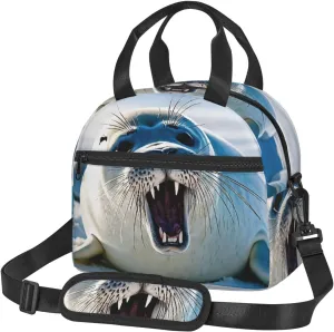 Large Capacity Lunchbag for Women Men Crossbody Lunch Tote Bags Reusable Insulated Cooler Bag Lunch Box Bag for Work Picnic Travel Camping - Harp Seal Painting Wallpaper, Black