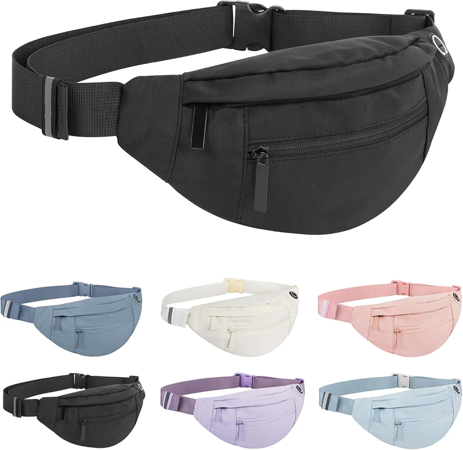 Large Waist Bag With 4-Zipper Pockets-Fanny Pack For Women And Man-Crossbody Belt Bag With Adjustable Strap For Travel Running Hiking Walking Workout Dark Black
