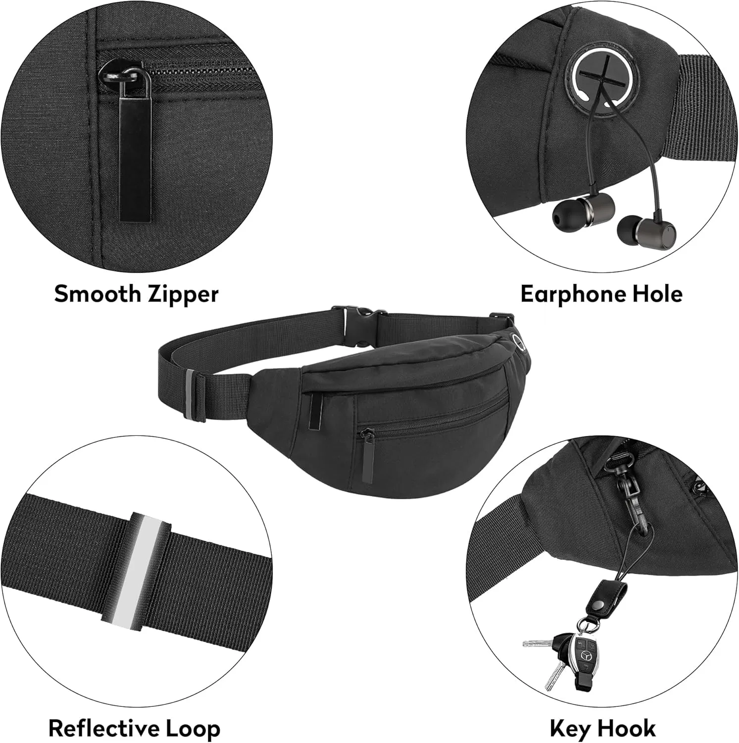 Large Waist Bag With 4-Zipper Pockets-Fanny Pack For Women And Man-Crossbody Belt Bag With Adjustable Strap For Travel Running Hiking Walking Workout Dark Black