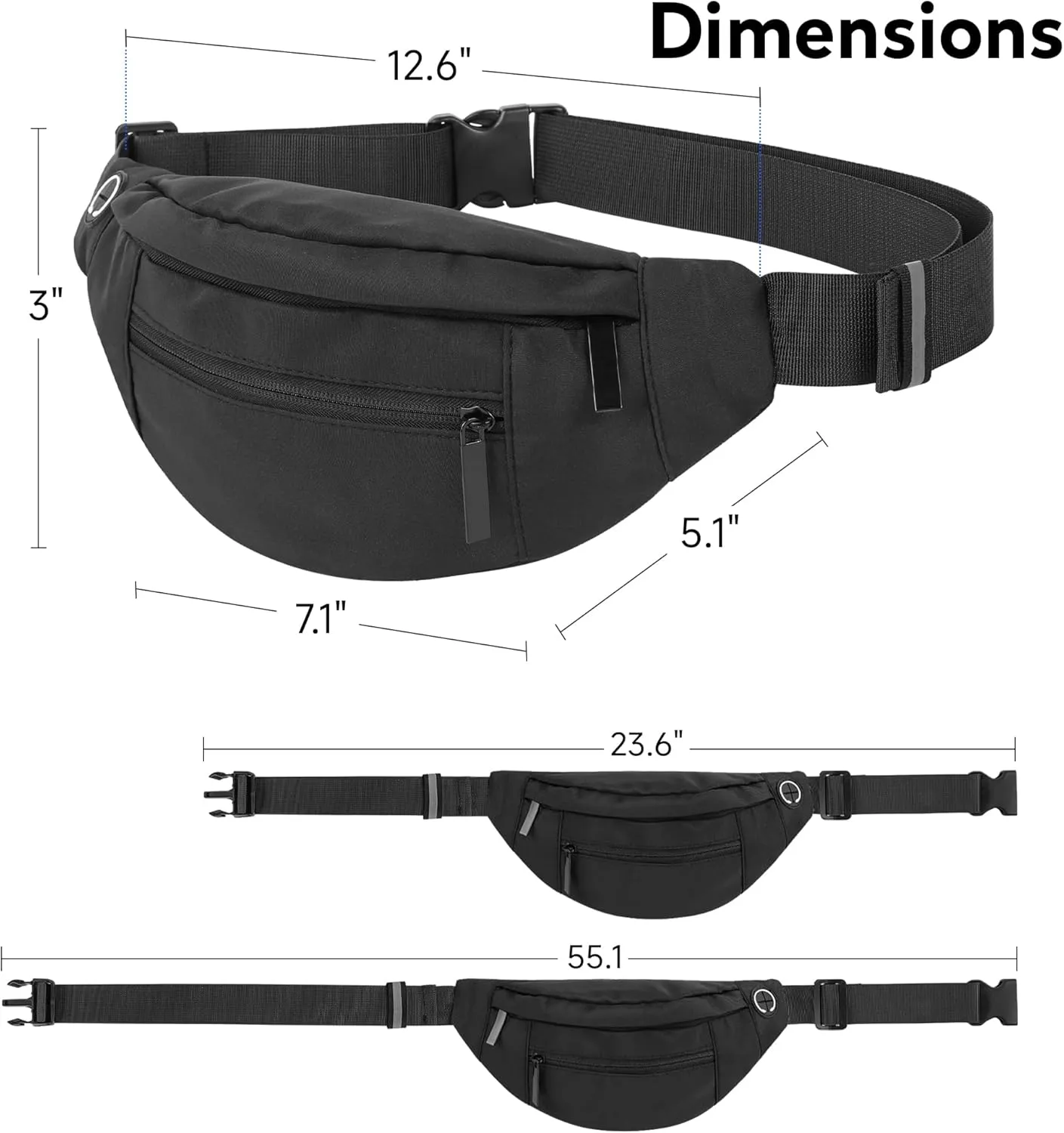 Large Waist Bag With 4-Zipper Pockets-Fanny Pack For Women And Man-Crossbody Belt Bag With Adjustable Strap For Travel Running Hiking Walking Workout Dark Black