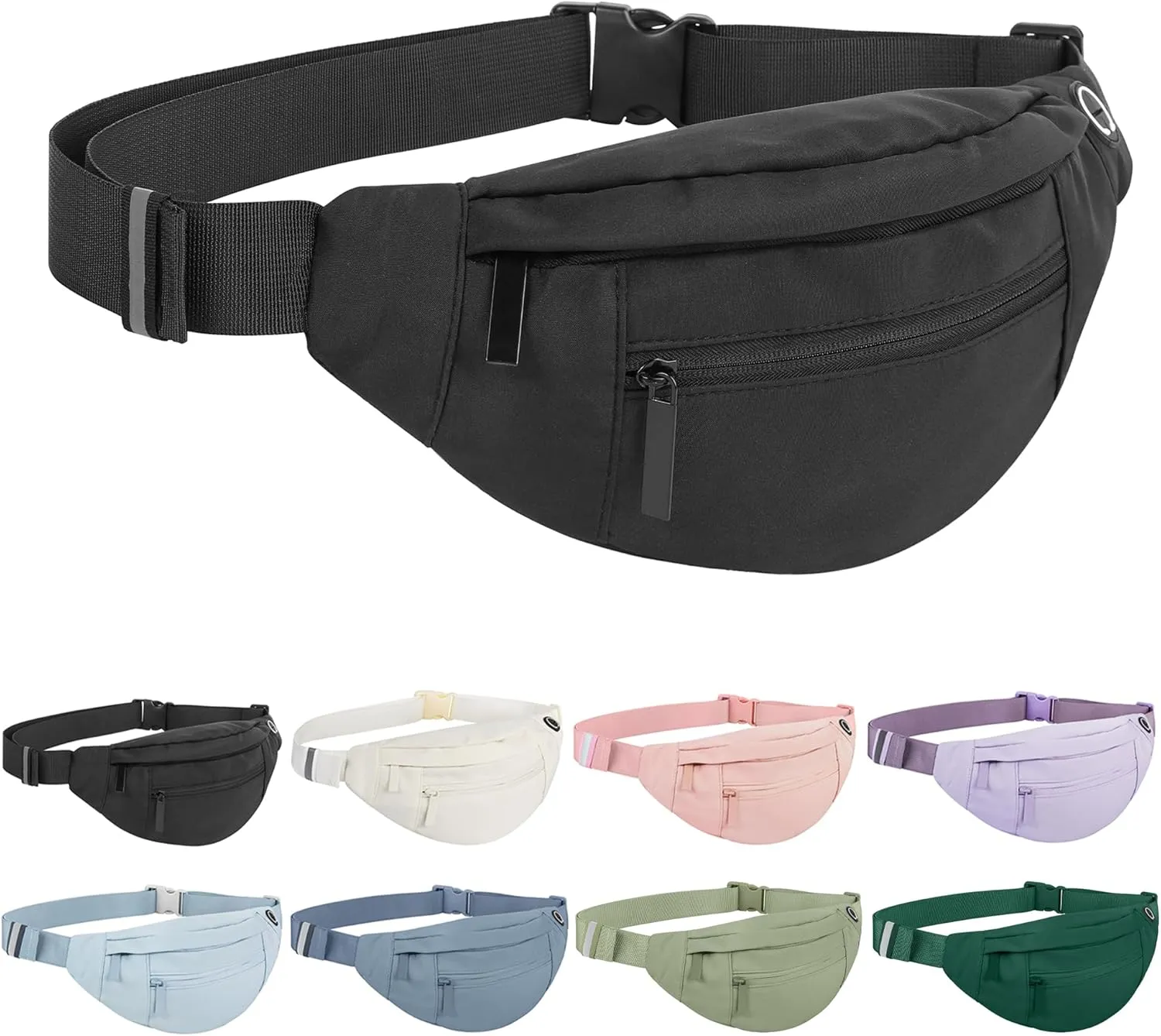 Large Waist Bag With 4-Zipper Pockets-Fanny Pack For Women And Man-Crossbody Belt Bag With Adjustable Strap For Travel Running Hiking Walking Workout Dark Black