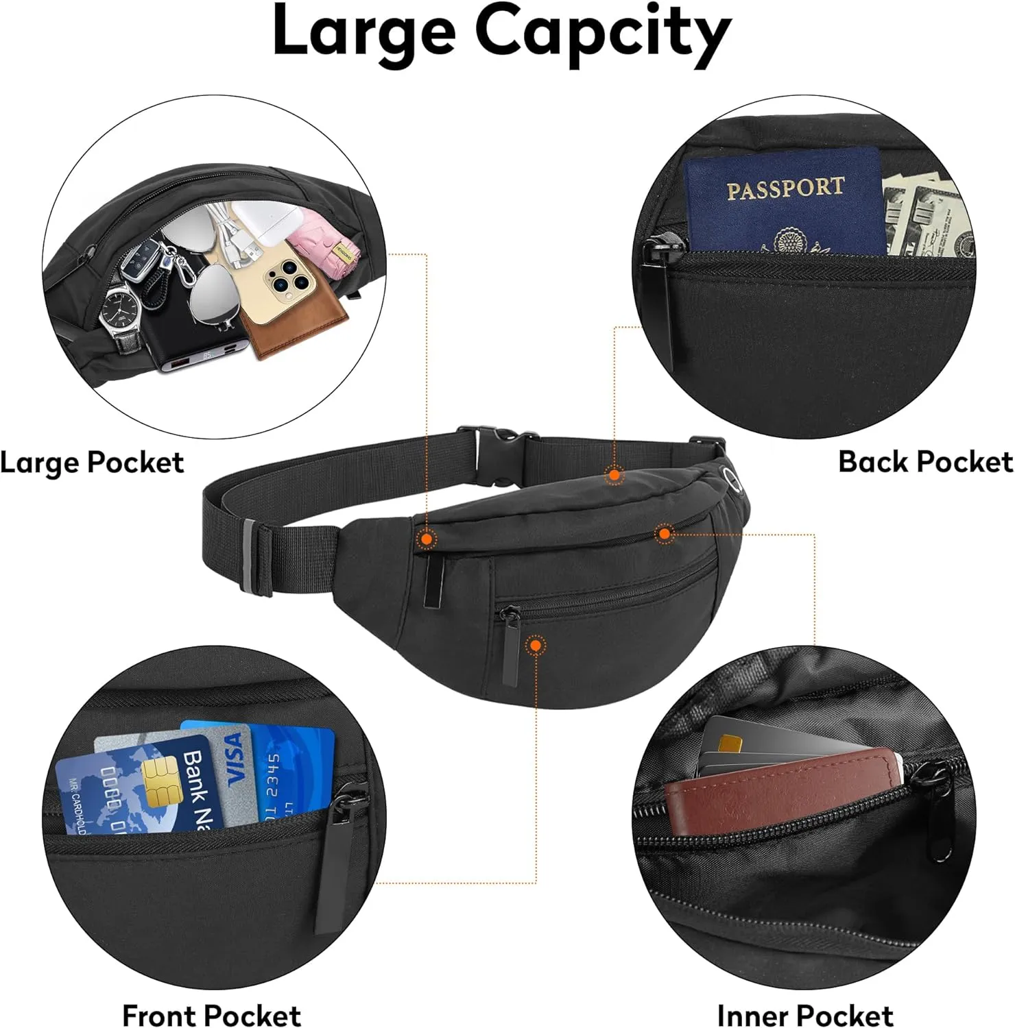 Large Waist Bag With 4-Zipper Pockets-Fanny Pack For Women And Man-Crossbody Belt Bag With Adjustable Strap For Travel Running Hiking Walking Workout Dark Black