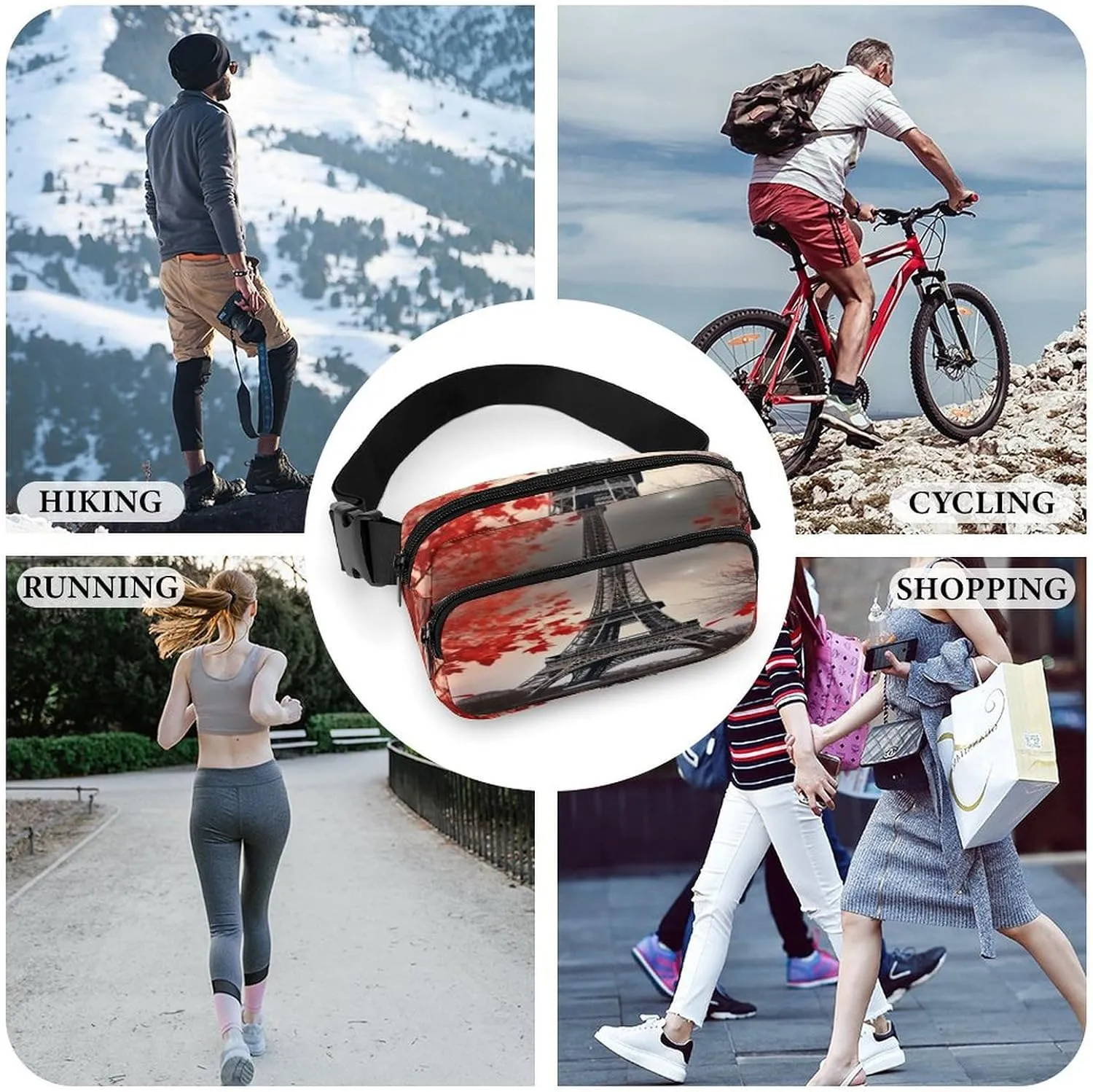 Large Waist Packs with Adjustable Strap,Eiffel Tower Autumn Leaves CrossBody Fanny Pack Casual Bag for Travel Sports Running Hiking
