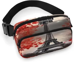 Large Waist Packs with Adjustable Strap,Eiffel Tower Autumn Leaves CrossBody Fanny Pack Casual Bag for Travel Sports Running Hiking