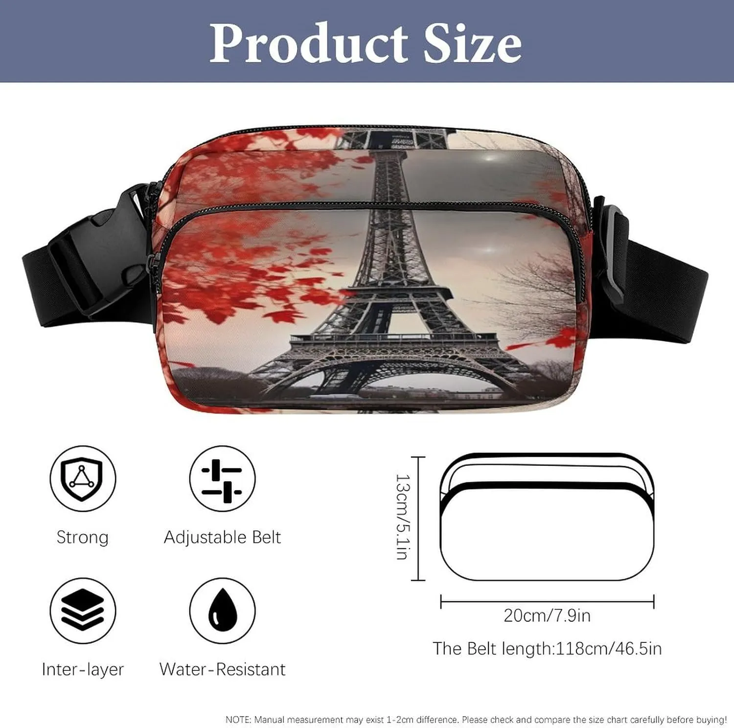 Large Waist Packs with Adjustable Strap,Eiffel Tower Autumn Leaves CrossBody Fanny Pack Casual Bag for Travel Sports Running Hiking