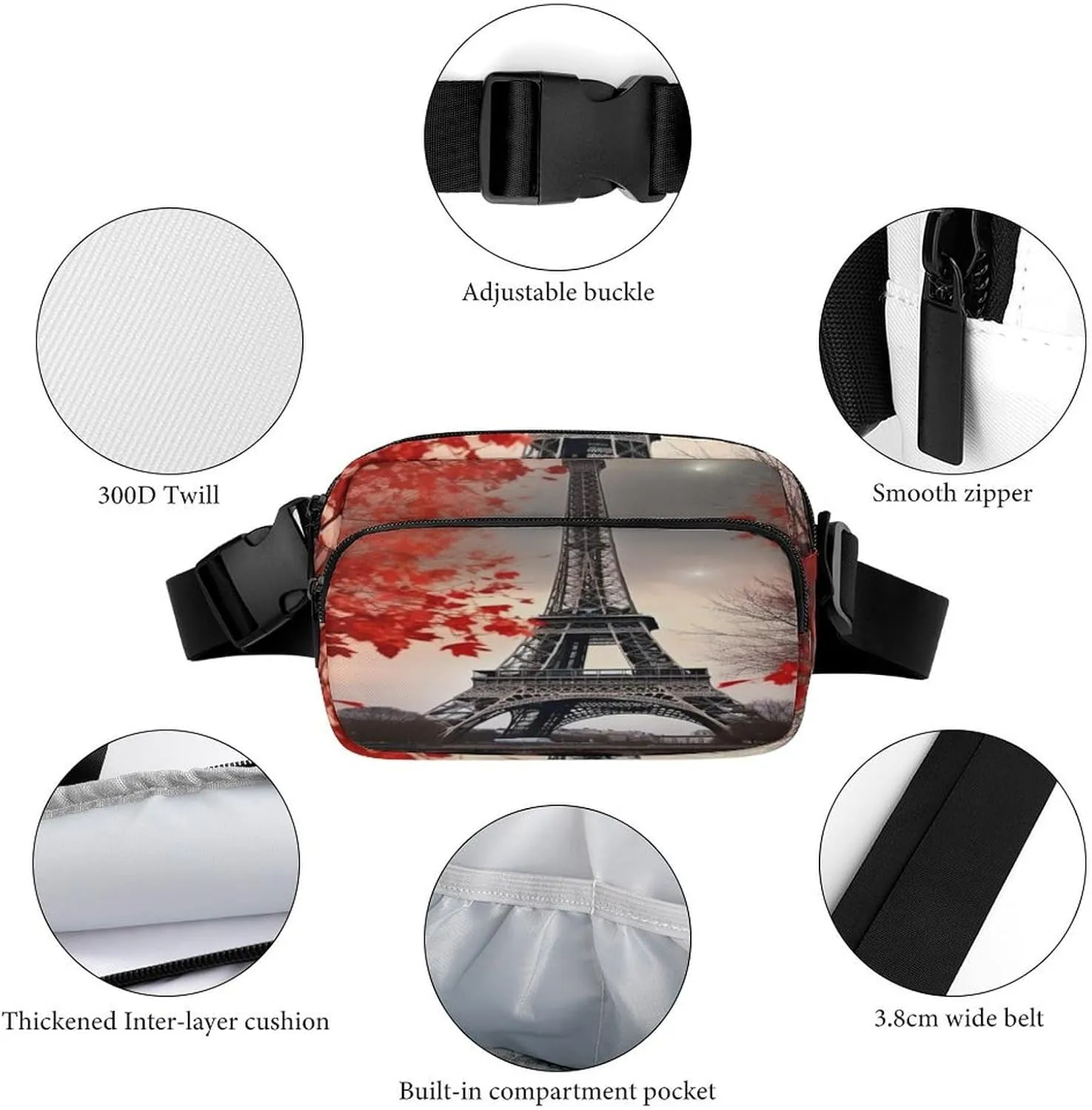 Large Waist Packs with Adjustable Strap,Eiffel Tower Autumn Leaves CrossBody Fanny Pack Casual Bag for Travel Sports Running Hiking