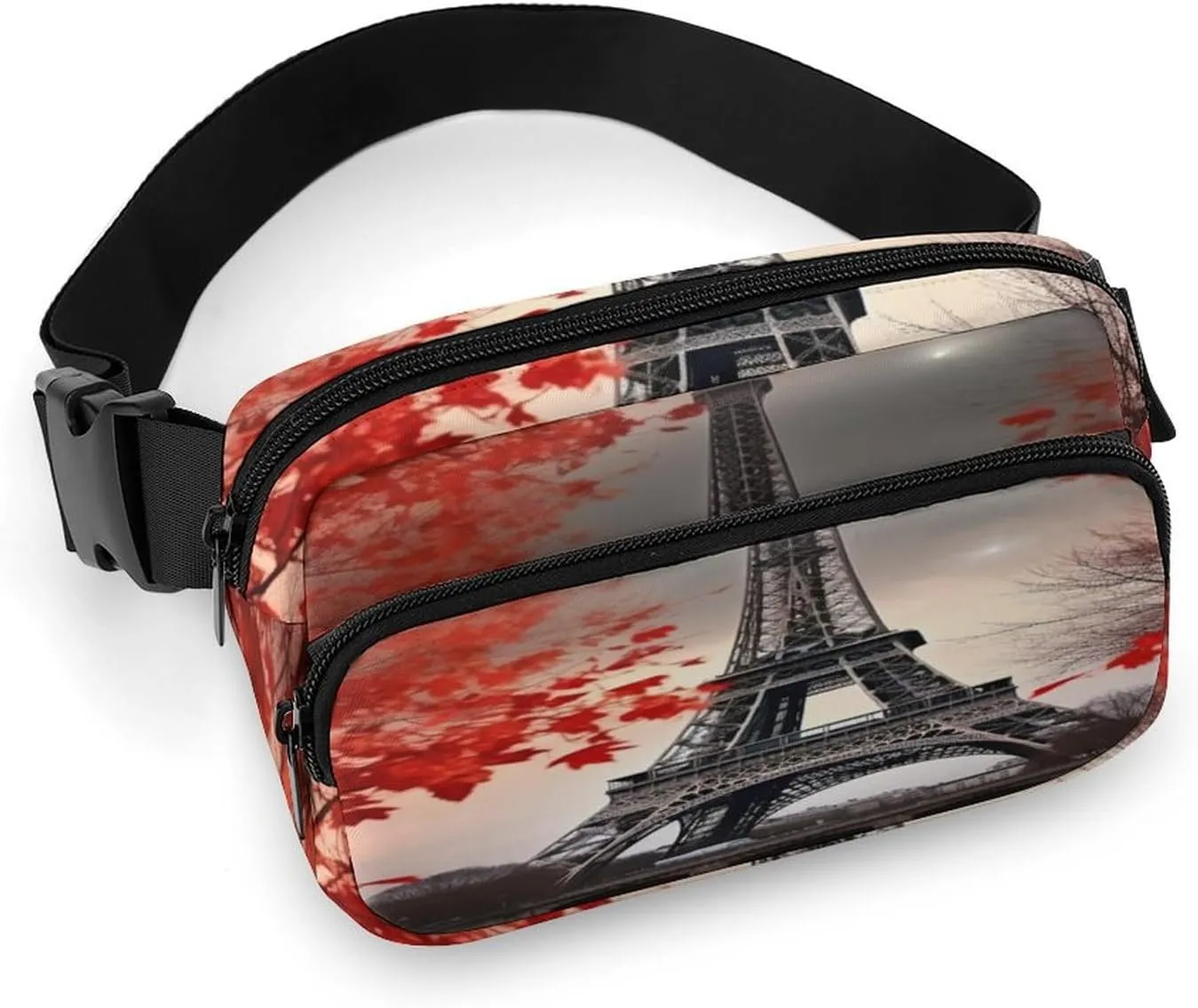 Large Waist Packs with Adjustable Strap,Eiffel Tower Autumn Leaves CrossBody Fanny Pack Casual Bag for Travel Sports Running Hiking