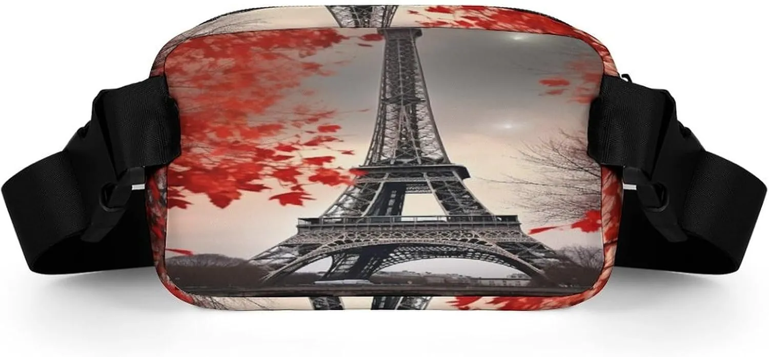 Large Waist Packs with Adjustable Strap,Eiffel Tower Autumn Leaves CrossBody Fanny Pack Casual Bag for Travel Sports Running Hiking