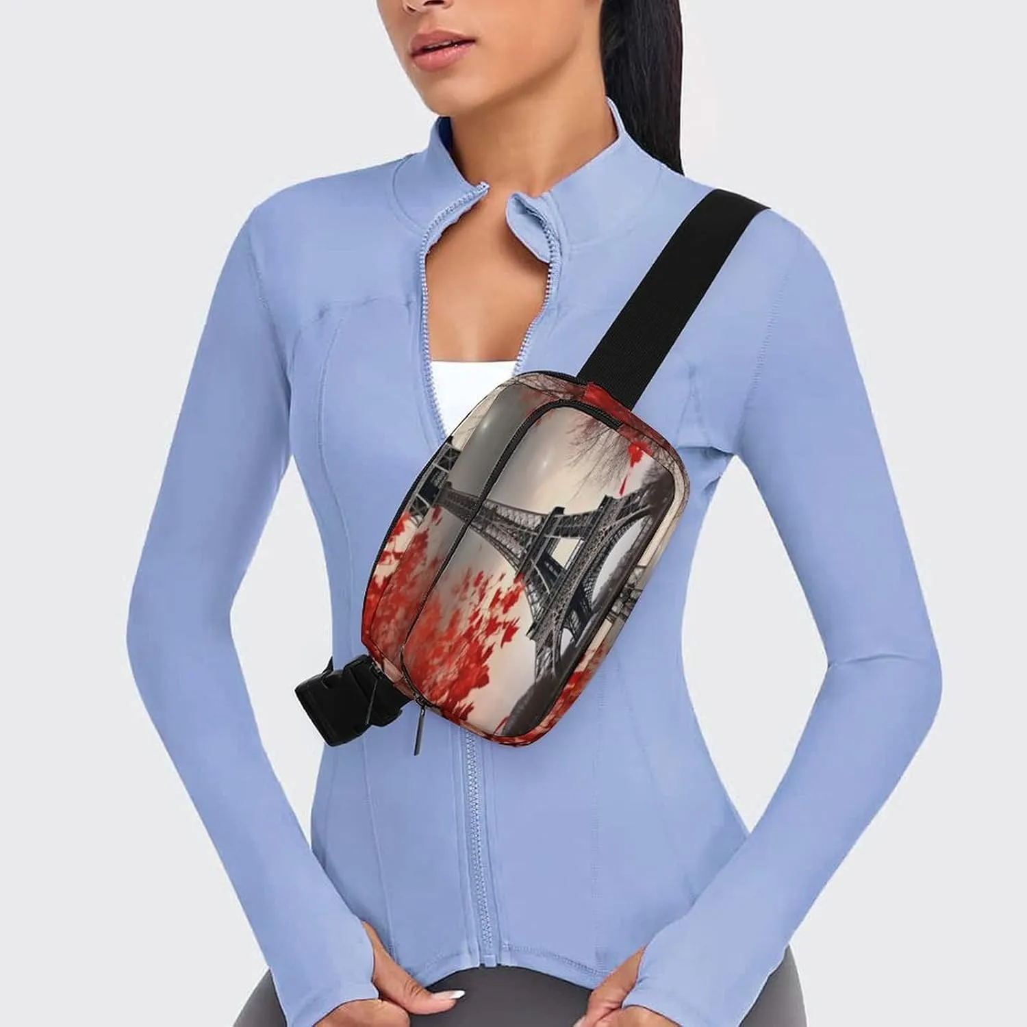 Large Waist Packs with Adjustable Strap,Eiffel Tower Autumn Leaves CrossBody Fanny Pack Casual Bag for Travel Sports Running Hiking