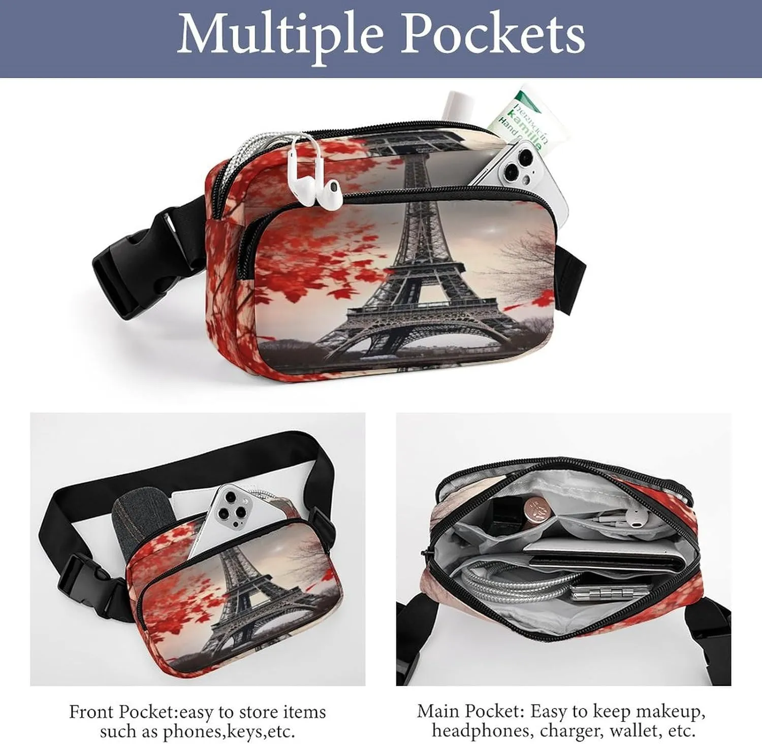 Large Waist Packs with Adjustable Strap,Eiffel Tower Autumn Leaves CrossBody Fanny Pack Casual Bag for Travel Sports Running Hiking